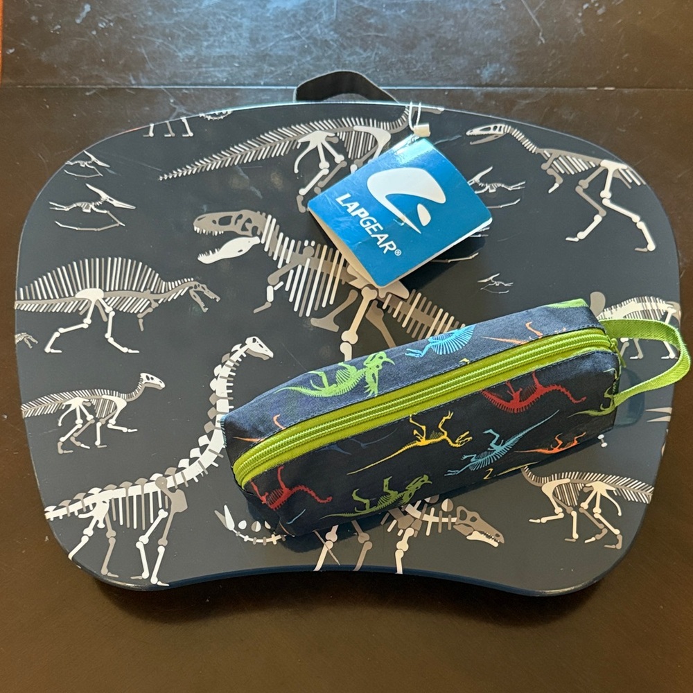 Dinosaur-Themed Kids Lap Desk with Pencil Case - Black and Green